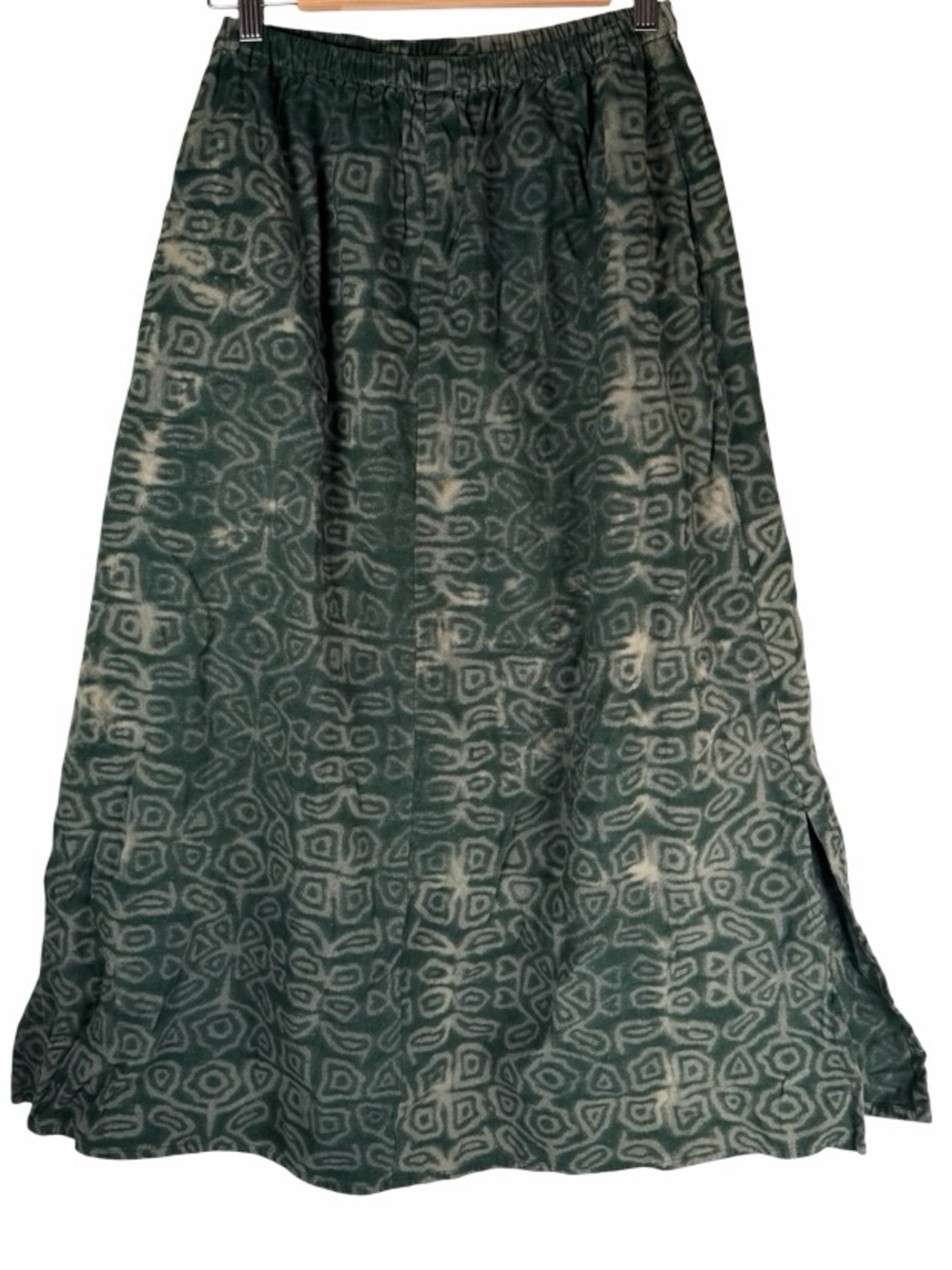 Vintage Winter Sun Dark Green Geometric Tribal Print A-Line Midi Skirt Medium